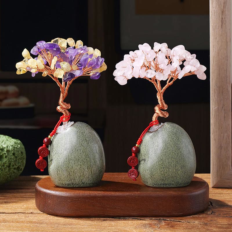 Buddha Stones , Citrin, Amethyst, Aventurin, Kristallbaum, Keramiksockel, Wohlstand, Heimdekoration