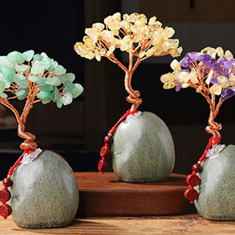 Buddha Stones , Citrin, Amethyst, Aventurin, Kristallbaum, Keramiksockel, Wohlstand, Heimdekoration