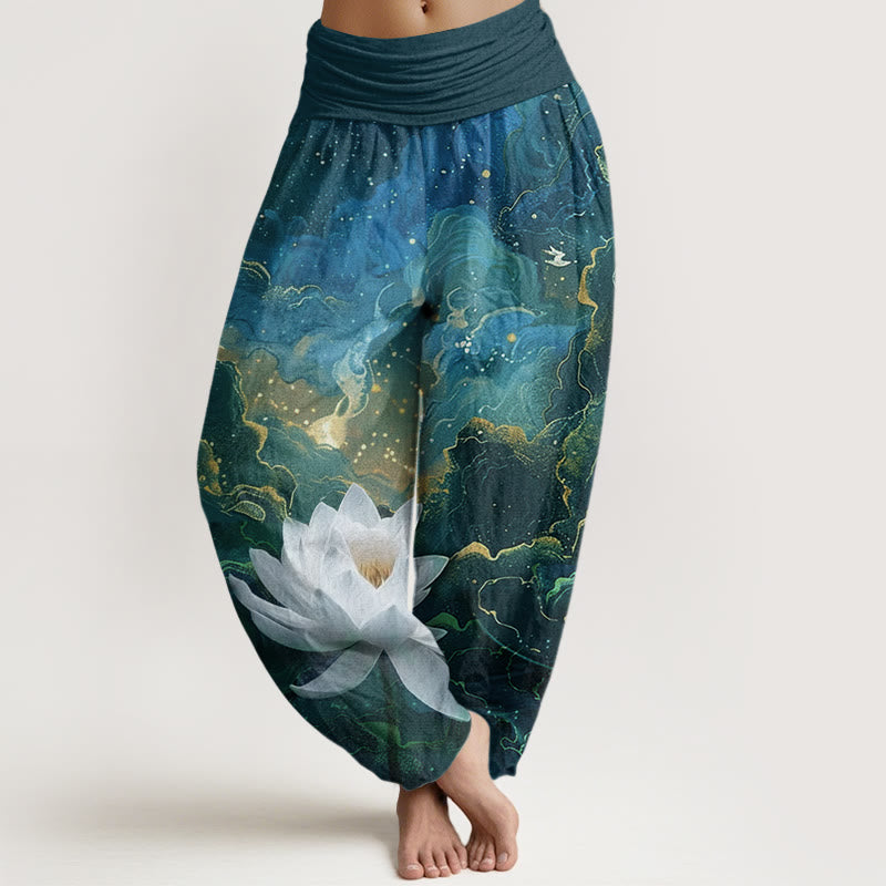 Buddha Stones Baumwoll-Haremshose mit Lotus-Sternenhimmel-Wolkenmuster und elastischem Bund für Damen - Dunkelcyan - US22, UK/AU26, EU54 (6XL) - image 0
