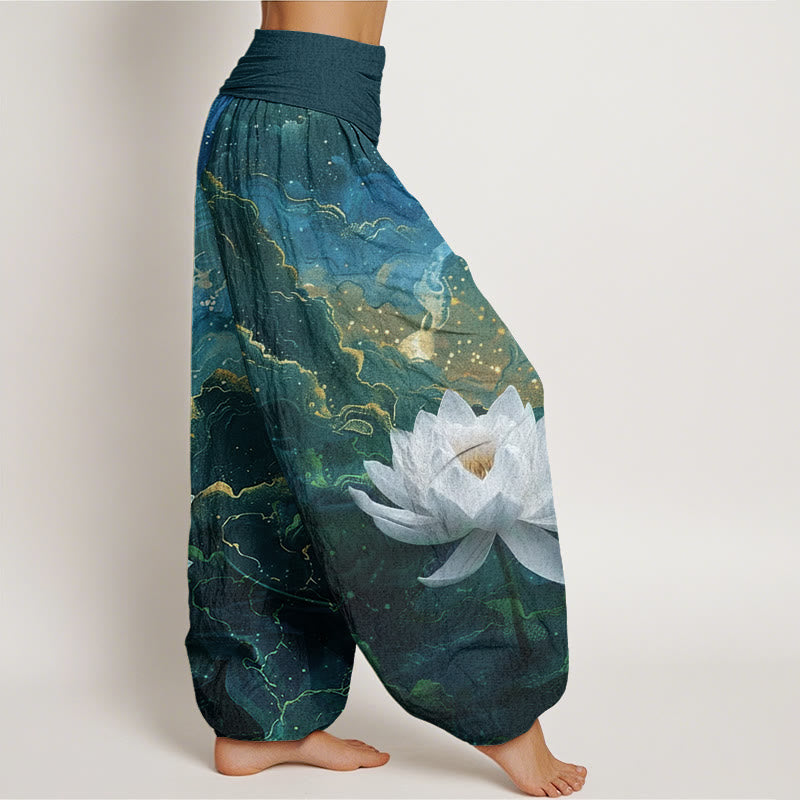 Buddha Stones Baumwoll-Haremshose mit Lotus-Sternenhimmel-Wolkenmuster und elastischem Bund für Damen - image 1