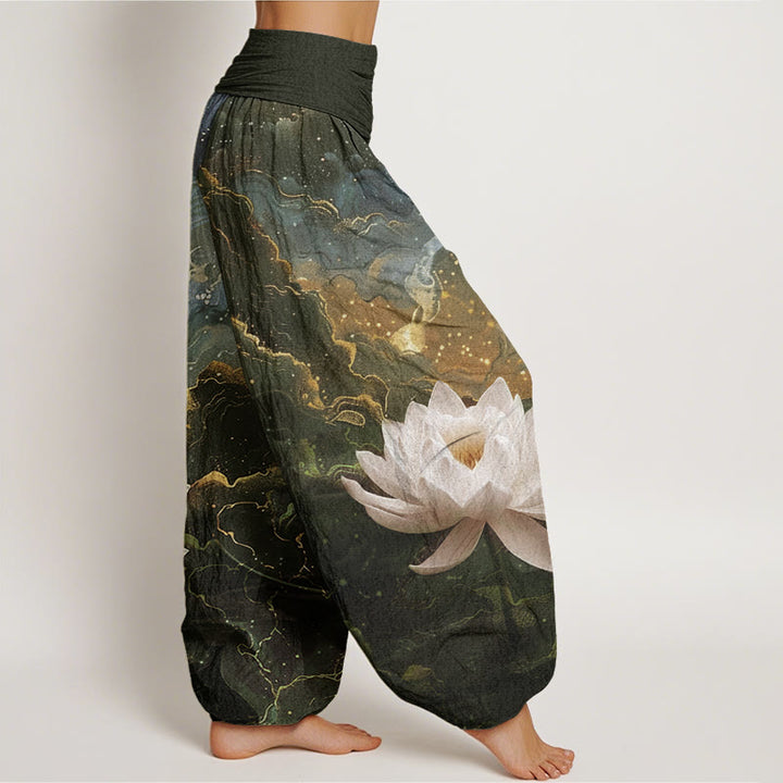 Buddha Stones Baumwoll-Haremshose mit Lotus-Sternenhimmel-Wolkenmuster und elastischem Bund für Damen - image 5