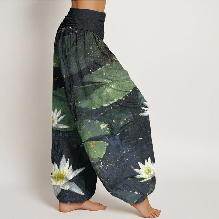 Lässige Haremshose mit Buddha Stones und Lotusblättern auf dem Seemuster für Damen mit elastischer Taille - image 2