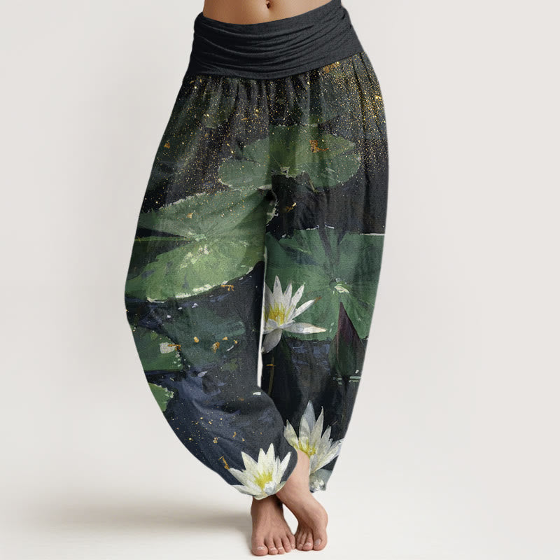 Lässige Haremshose mit Buddha Stones und Lotusblättern auf dem Seemuster für Damen mit elastischer Taille - Grün - US22， UK/AU26，EU54 (6XL) - image 1