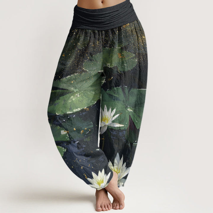 Lässige Haremshose mit Buddha Stones und Lotusblättern auf dem Seemuster für Damen mit elastischer Taille - Grün - US22， UK/AU26，EU54 (6XL) - image 1