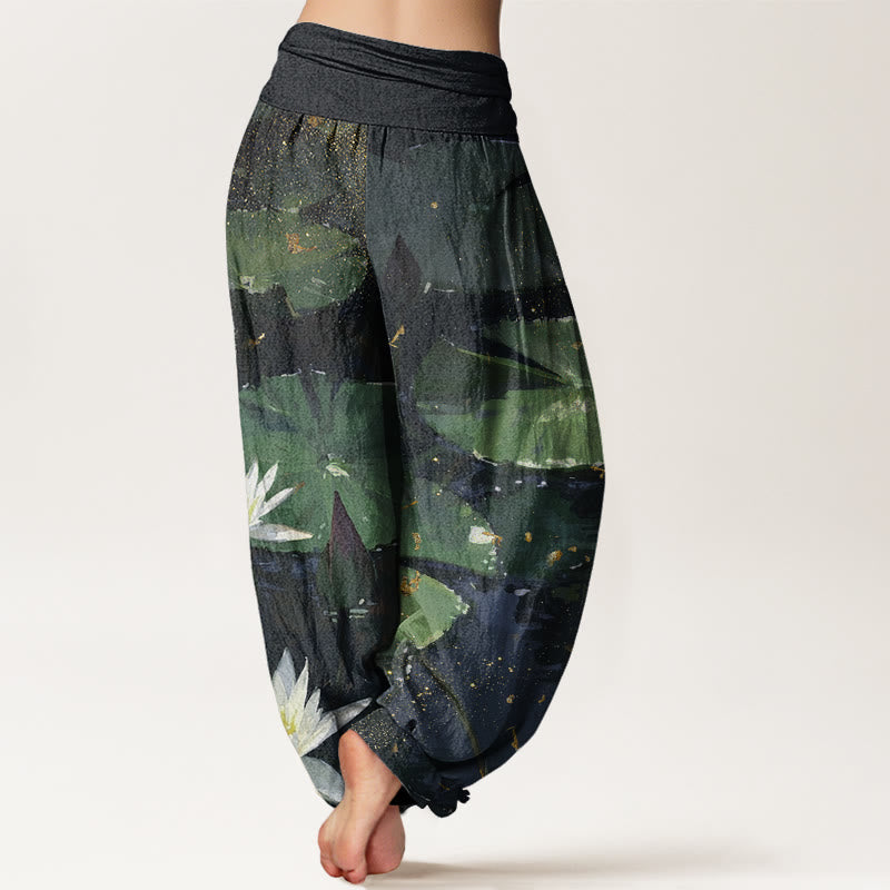 Lässige Haremshose mit Buddha Stones und Lotusblättern auf dem Seemuster für Damen mit elastischer Taille - image 3