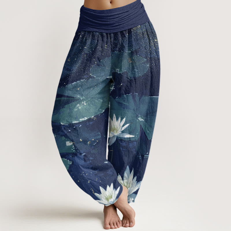 Lässige Haremshose mit Buddha Stones und Lotusblättern auf dem Seemuster für Damen mit elastischer Taille - Dunkelblau - US22， UK/AU26，EU54 (6XL) - image 5