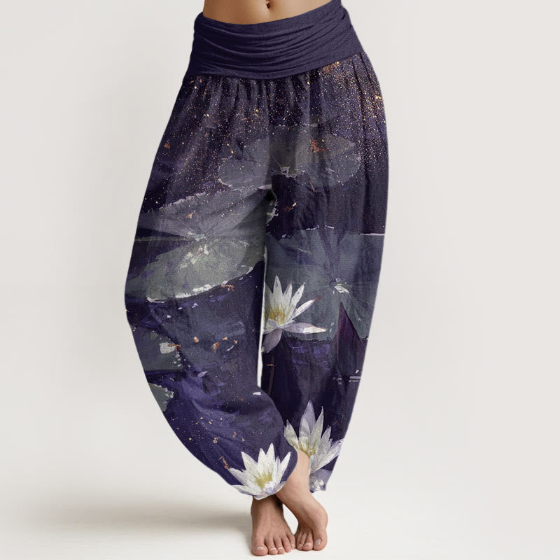 Lässige Haremshose mit Buddha Stones und Lotusblättern auf dem Seemuster für Damen mit elastischer Taille - Indigo - US22， UK/AU26，EU54 (6XL) - image 8