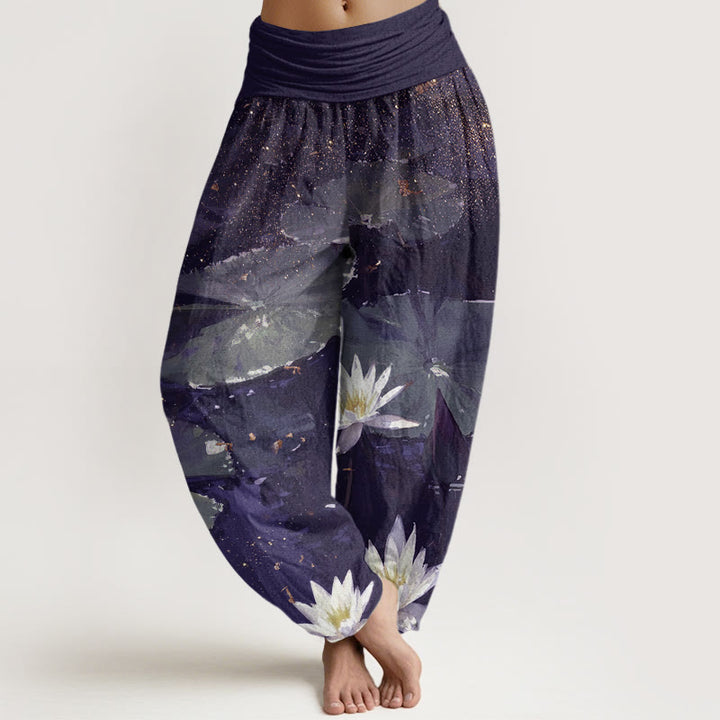 Lässige Haremshose mit Buddha Stones und Lotusblättern auf dem Seemuster für Damen mit elastischer Taille - Indigo - US22， UK/AU26，EU54 (6XL) - image 8