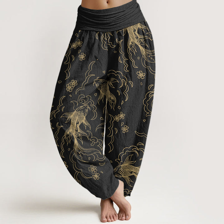 Buddha Stones Baumwoll-Haremshose mit Koi-Fisch-Wellen- und Blütenblattmuster für Damen mit elastischem Bund - Schwarz - US22, UK/AU26, EU54 (6XL) - image 0