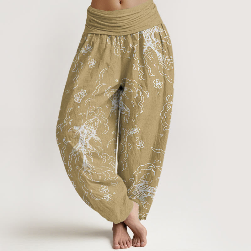 Buddha Stones Baumwoll-Haremshose mit Koi-Fisch-Wellen- und Blütenblattmuster für Damen mit elastischem Bund - Blassgoldenrode - US22, UK/AU26, EU54 (6XL) - image 4