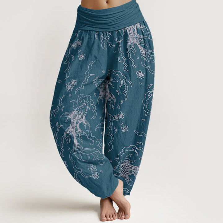 Buddha Stones Lässige Haremshose mit Koi-Fisch-Wellen und Blütenblatt-Muster für Damen, elastische Taille - Stahlblau - US22， UK/AU26，EU54 (6XL) - image 8