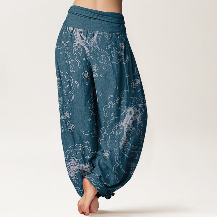 Buddha Stones Lässige Haremshose mit Koi-Fisch-Wellen und Blütenblatt-Muster für Damen, elastische Taille - image 10