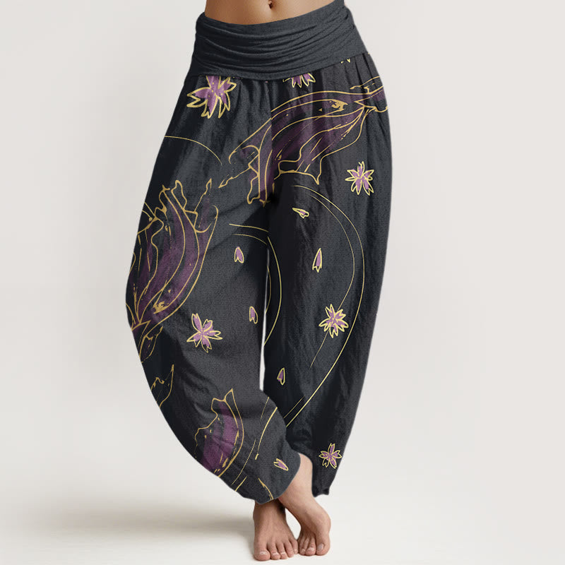Buddha Stones Lässige Haremshose mit Koi-Fisch-Kirschblüten-Blütenblatt-Muster für Damen, elastische Taille - Indigo - US22， UK/AU26，EU54 (6XL) - image 1