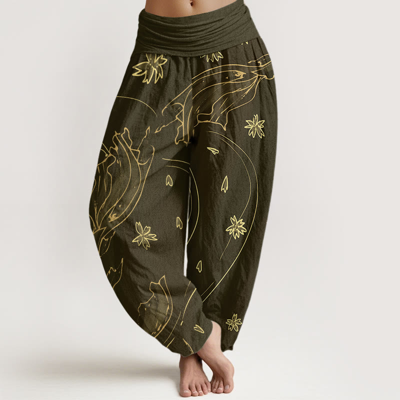 Buddha Stones Lässige Haremshose mit Koi-Fisch-Kirschblüten-Blütenblatt-Muster für Damen, elastische Taille - Olive - US22， UK/AU26，EU54 (6XL) - image 5