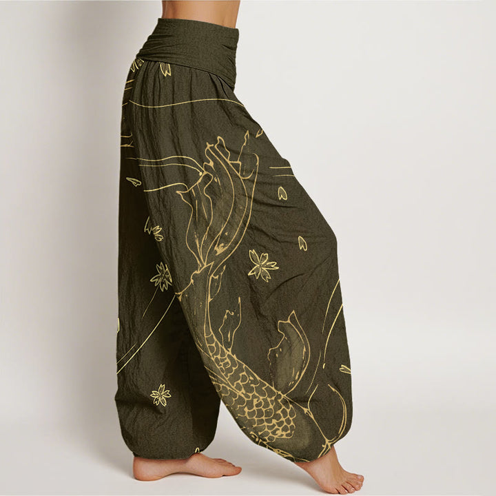 Buddha Stones Lässige Haremshose mit Koi-Fisch-Kirschblüten-Blütenblatt-Muster für Damen, elastische Taille - image 6
