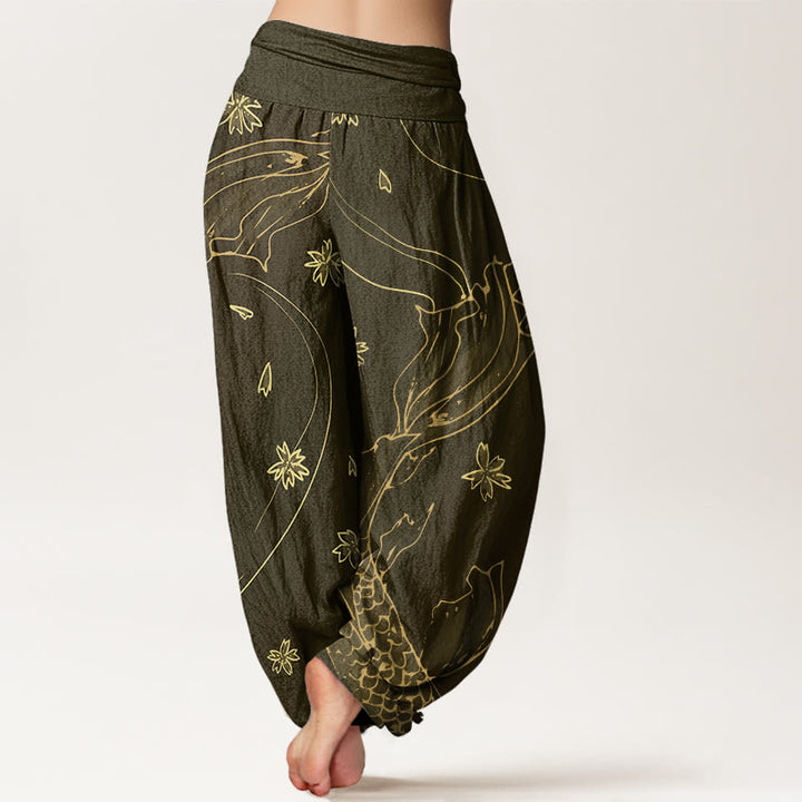 Buddha Stones Lässige Haremshose mit Koi-Fisch-Kirschblüten-Blütenblatt-Muster für Damen, elastische Taille - image 7