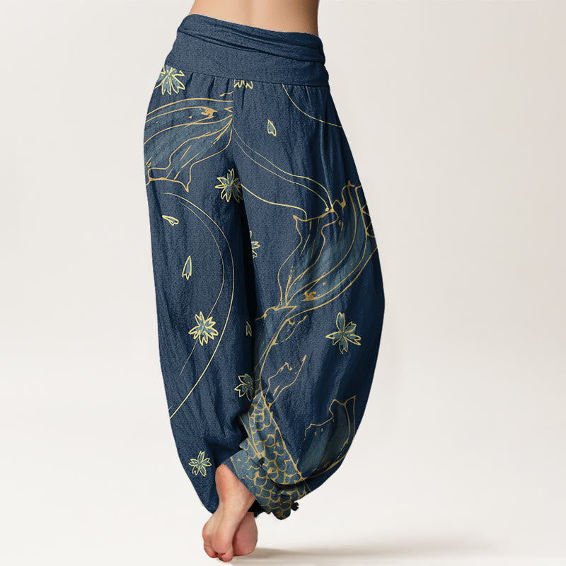 Buddha Stones Lässige Haremshose mit Koi-Fisch-Kirschblüten-Blütenblatt-Muster für Damen, elastische Taille - image 10