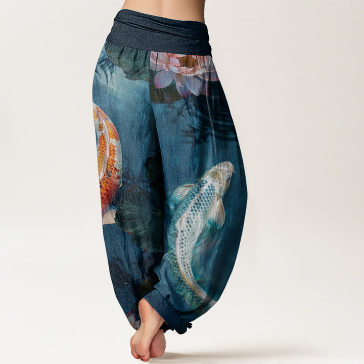Buddha Stones mit Koi-Fisch- und Lotus-Wasserwellen-Muster für Damen mit elastischer Taille
