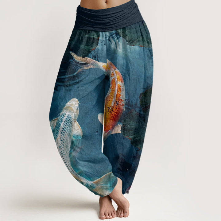 Buddha Stones mit Koi-Fisch- und Lotus-Wasserwellen-Muster für Damen mit elastischer Taille