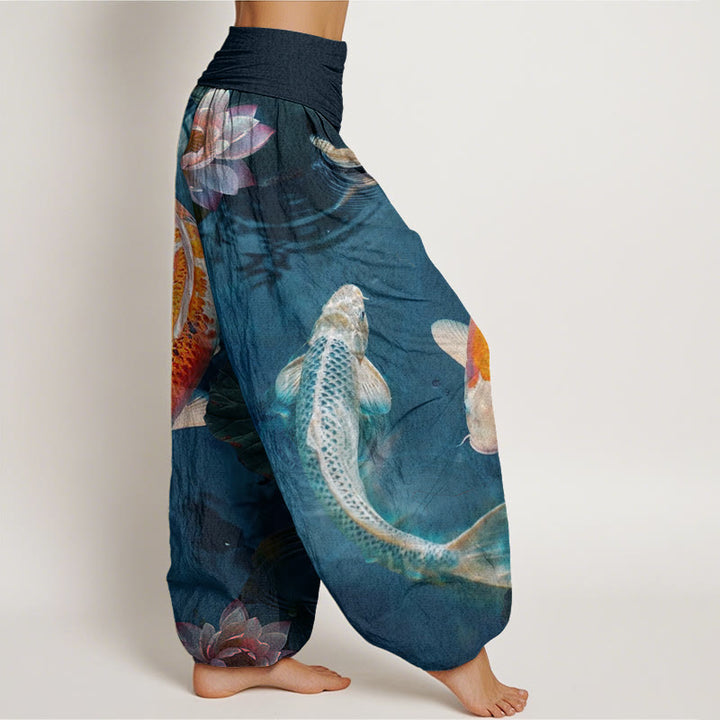 Buddha Stones mit Koi-Fisch- und Lotus-Wasserwellen-Muster für Damen mit elastischer Taille