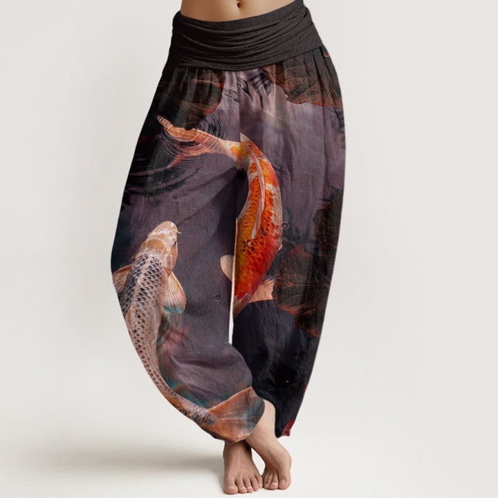 Buddha Stones mit Koi-Fisch- und Lotus-Wasserwellen-Muster für Damen mit elastischer Taille