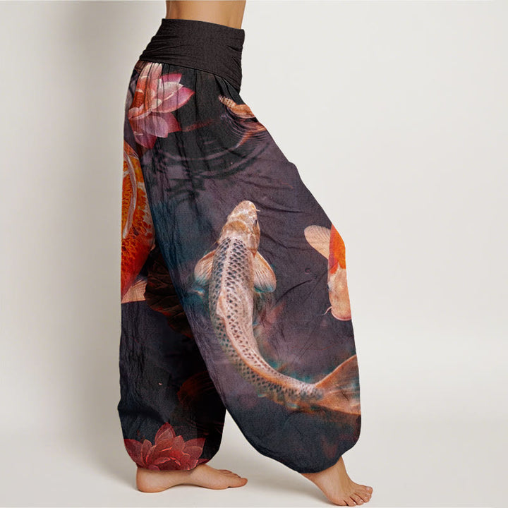 Buddha Stones mit Koi-Fisch- und Lotus-Wasserwellen-Muster für Damen mit elastischer Taille