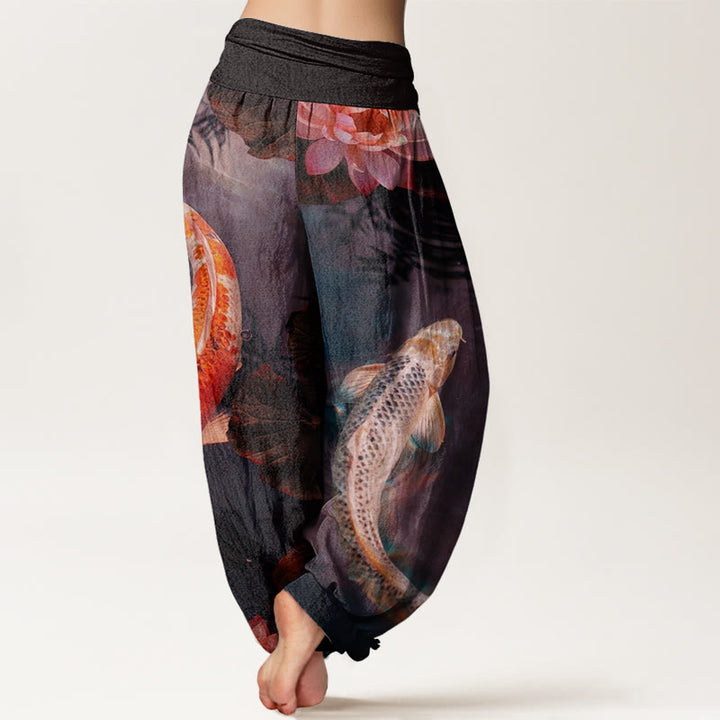 Buddha Stones mit Koi-Fisch- und Lotus-Wasserwellen-Muster für Damen mit elastischer Taille