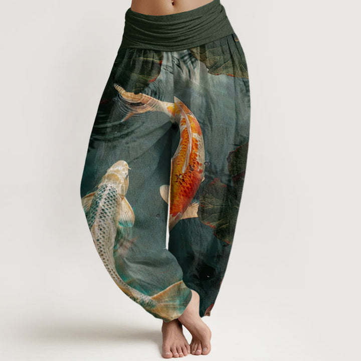 Buddha Stones mit Koi-Fisch- und Lotus-Wasserwellen-Muster für Damen mit elastischer Taille