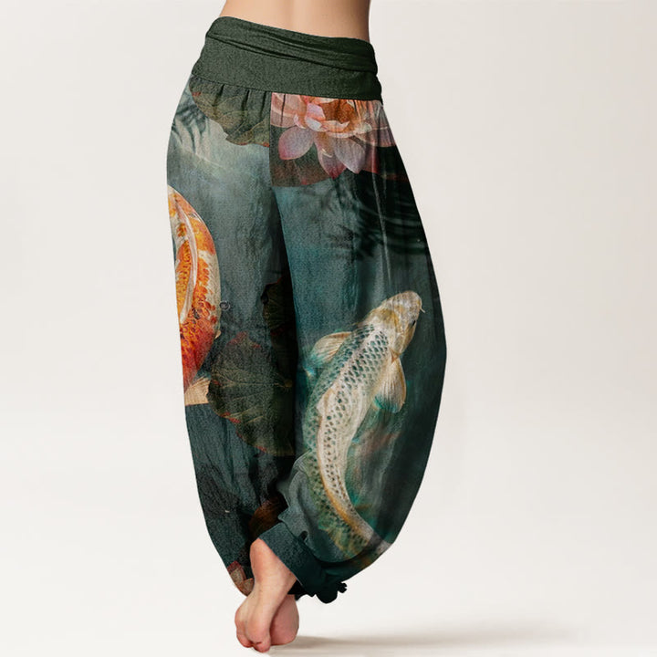 Buddha Stones mit Koi-Fisch- und Lotus-Wasserwellen-Muster für Damen mit elastischer Taille