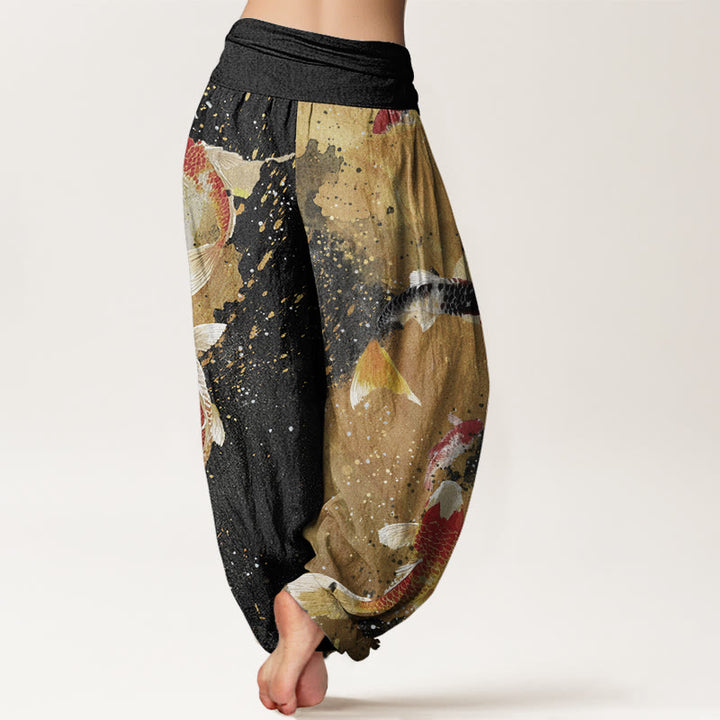 Lässige Buddha Stones mit Koi-Fisch-Muster und goldenem Tintenhintergrund für Damen mit elastischer Taille