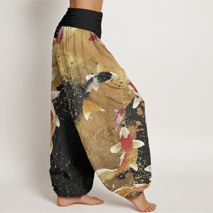 Lässige Buddha Stones mit Koi-Fisch-Muster und goldenem Tintenhintergrund für Damen mit elastischer Taille