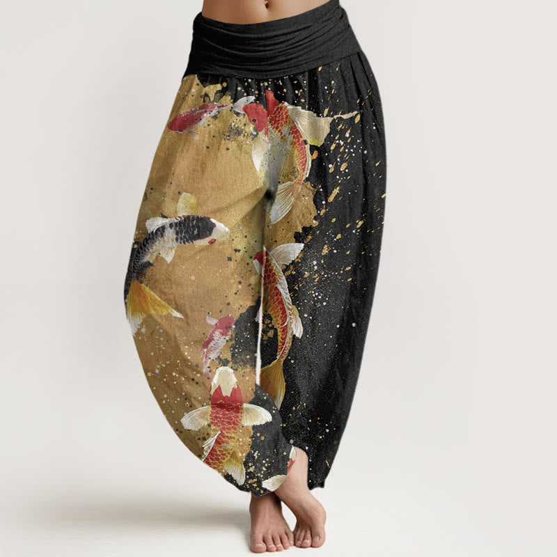 Lässige Buddha Stones mit Koi-Fisch-Muster und goldenem Tintenhintergrund für Damen mit elastischer Taille - Schwarz - US22, UK/AU26, EU54 (6XL) - image 0