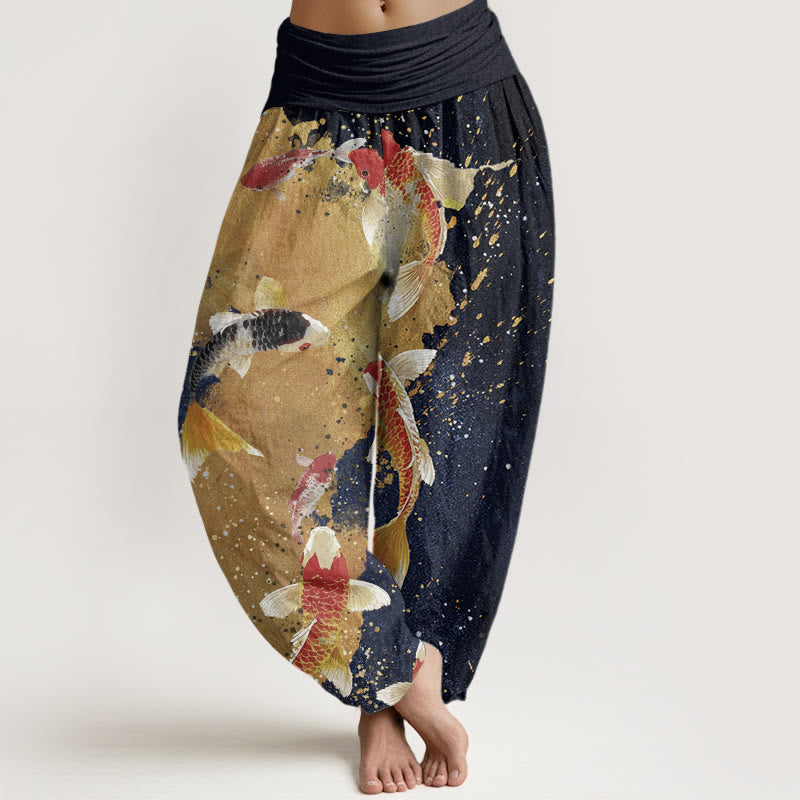 Lässige Buddha Stones mit Koi-Fisch-Muster und goldenem Tintenhintergrund für Damen mit elastischer Taille
