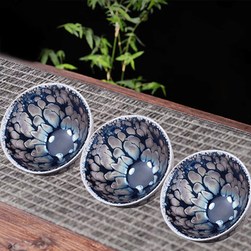 Buddha Stones Handgefertigte chinesische Jianzhan-Teetasse aus Keramik mit violetten und blauen Punkten, Tenmoku-Kung-Fu-Teetasse, 150 ml