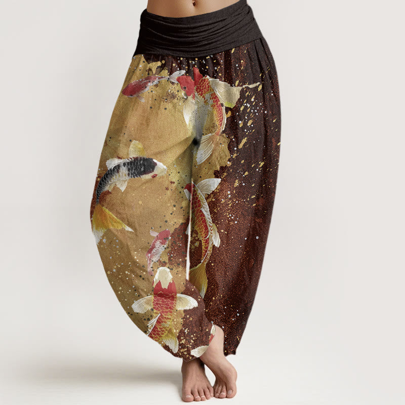 Lässige Buddha Stones mit Koi-Fisch-Muster und goldenem Tintenhintergrund für Damen mit elastischer Taille