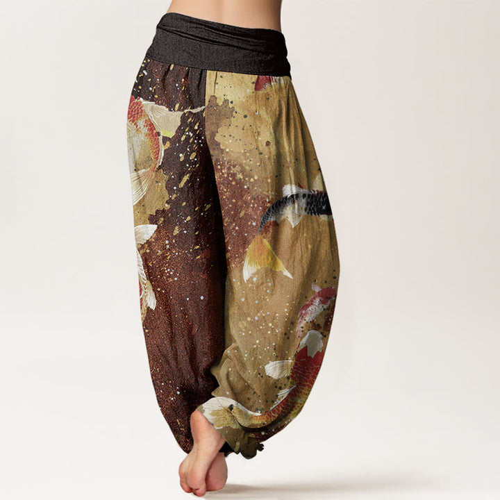 Lässige Buddha Stones mit Koi-Fisch-Muster und goldenem Tintenhintergrund für Damen mit elastischer Taille