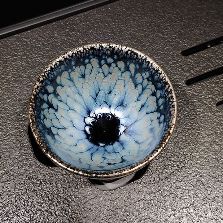 Buddha Stones, handgefertigte chinesische Jianzhan-Teetasse aus Keramik mit blauen Flecken, Tenmoku-Kung-Fu-Teetasse, 150 ml