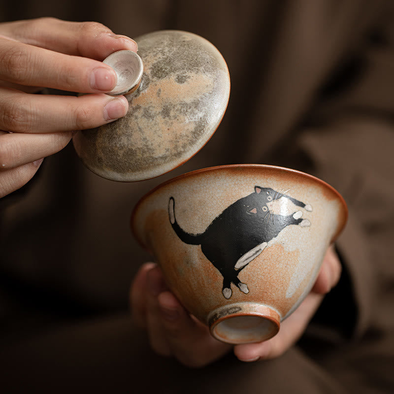 Buddha Stones Süße Katze Keramik Gaiwan Teetasse Kung Fu Teetasse mit Deckel 130ml - image 2