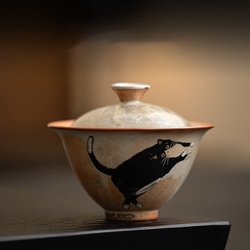 Buddha Stones Süße Katze Keramik Gaiwan Teetasse Kung Fu Teetasse mit Deckel 130ml - Katzenbecher 9,5 cm * 7,6 cm * 130 ml - image 1