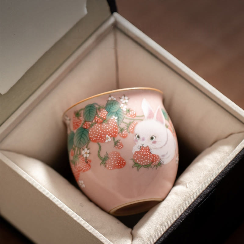 Buddha Stones Kleine Erdbeer-Kaninchen-Teetasse, Kung-Fu-Teetasse, 90 ml, mit Geschenkbox
