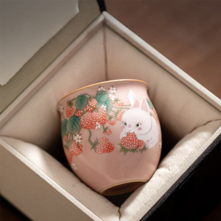 Buddha Stones Kleine Erdbeer-Kaninchen-Teetasse, Kung-Fu-Teetasse, 90 ml, mit Geschenkbox