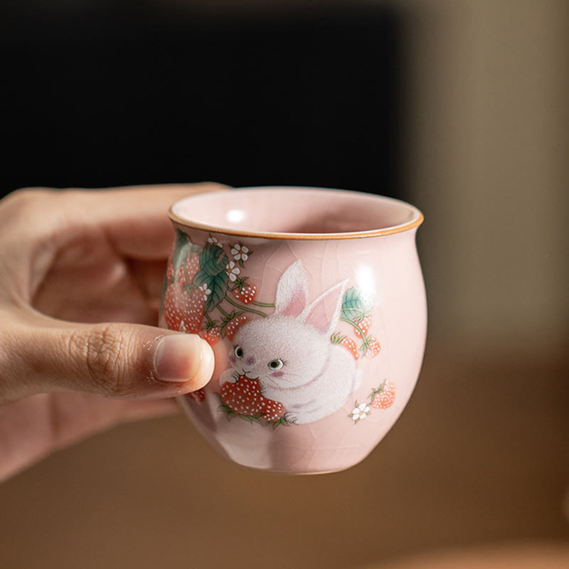 Buddha Stones Kleine Erdbeer-Kaninchen-Teetasse, Kung-Fu-Teetasse, 90 ml, mit Geschenkbox