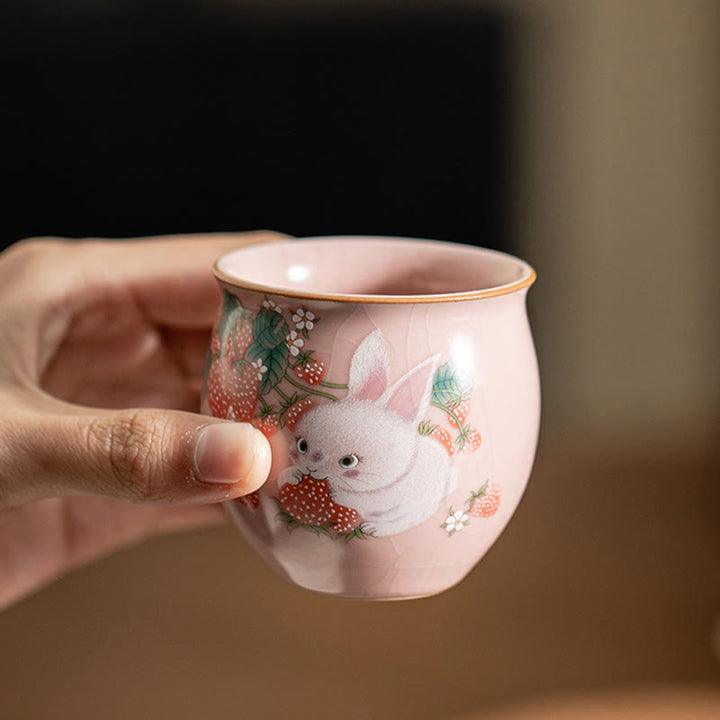 Buddha Stones Kleine Erdbeer-Kaninchen-Teetasse, Kung-Fu-Teetasse, 90 ml, mit Geschenkbox