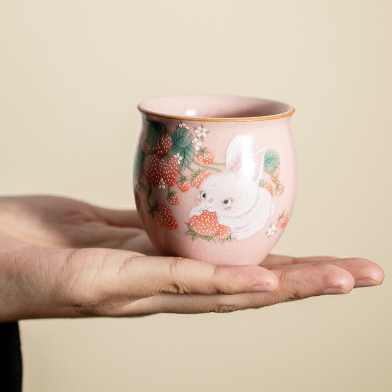 Buddha Stones Kleine Erdbeer-Kaninchen-Teetasse, Kung-Fu-Teetasse, 90 ml, mit Geschenkbox