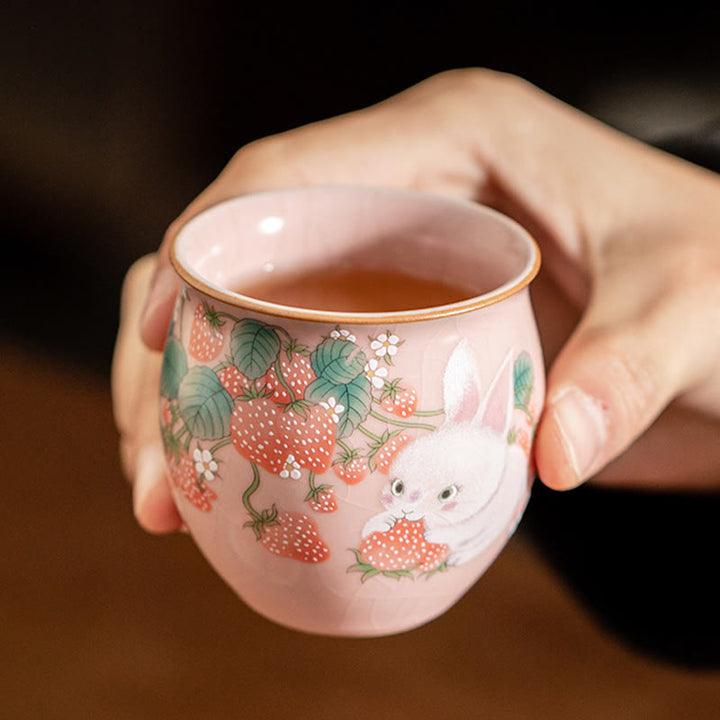 Buddha Stones Kleine Erdbeer-Kaninchen-Teetasse, Kung-Fu-Teetasse, 90 ml, mit Geschenkbox
