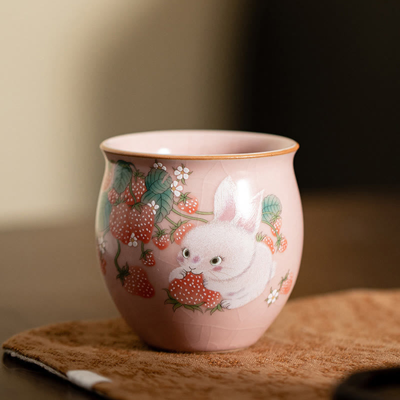 Buddha Stones Kleine Erdbeer-Kaninchen-Teetasse, Kung-Fu-Teetasse, 90 ml, mit Geschenkbox