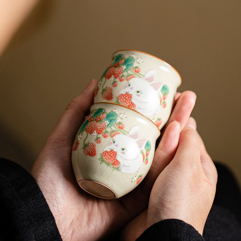 Buddha Stones Kleine Erdbeer-Kaninchen-Teetasse, Kung-Fu-Teetasse, 90 ml, mit Geschenkbox