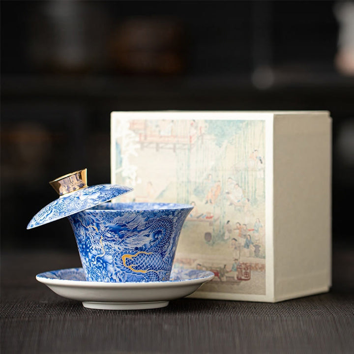 Buddha Stones, Thangka, Drachen-Buddhas, Dunhuang, Keramik, Gaiwan, Sancai, Kung-Fu-Teetasse und Untertasse mit Deckel, Geschenkbox, 180 ml
