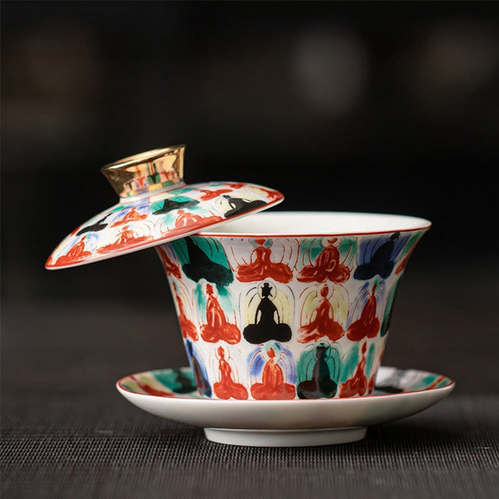 Buddha Stones, Thangka, Drachen-Buddhas, Dunhuang, Keramik, Gaiwan, Sancai, Kung-Fu-Teetasse und Untertasse mit Deckel, Geschenkbox, 180 ml