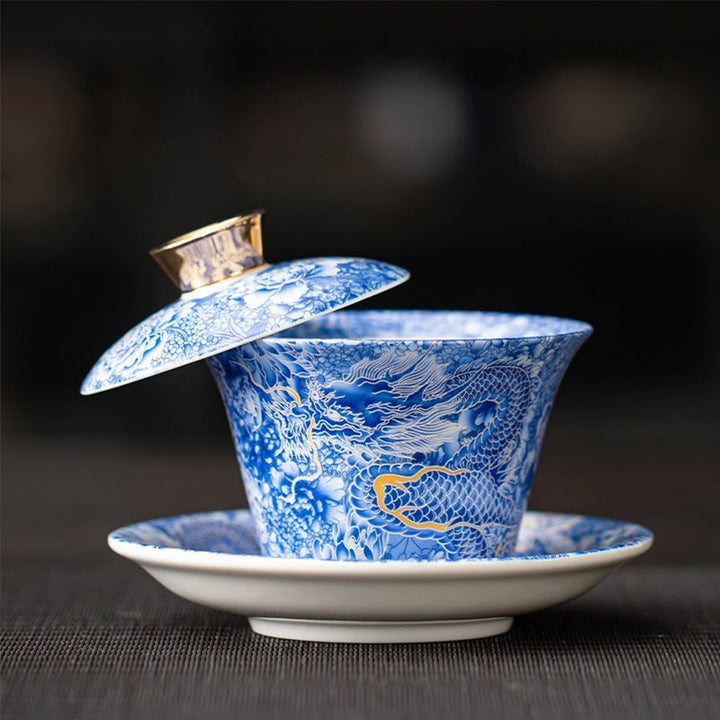 Buddha Stones, Thangka, Drachen-Buddhas, Dunhuang, Keramik, Gaiwan, Sancai, Kung-Fu-Teetasse und Untertasse mit Deckel, Geschenkbox, 180 ml